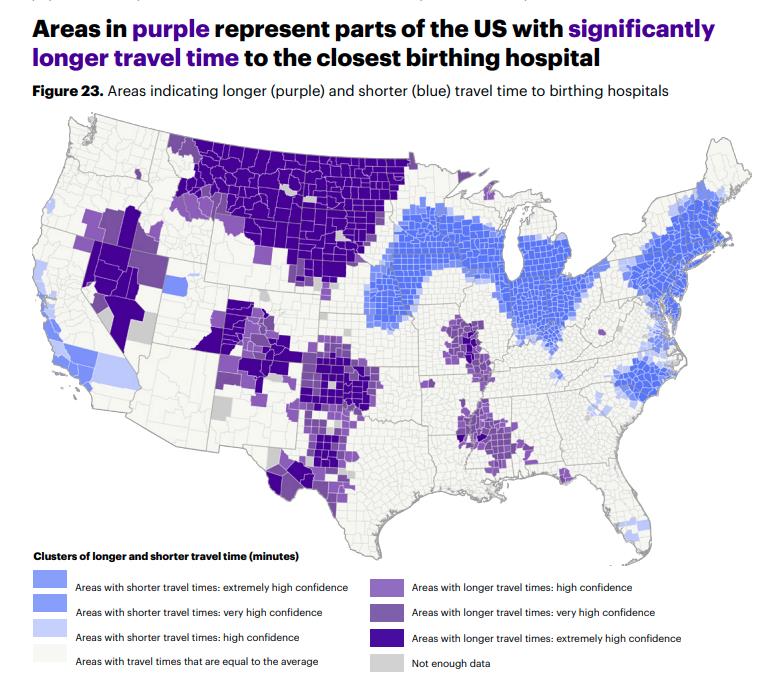 Map of travel times to birthing hospitals